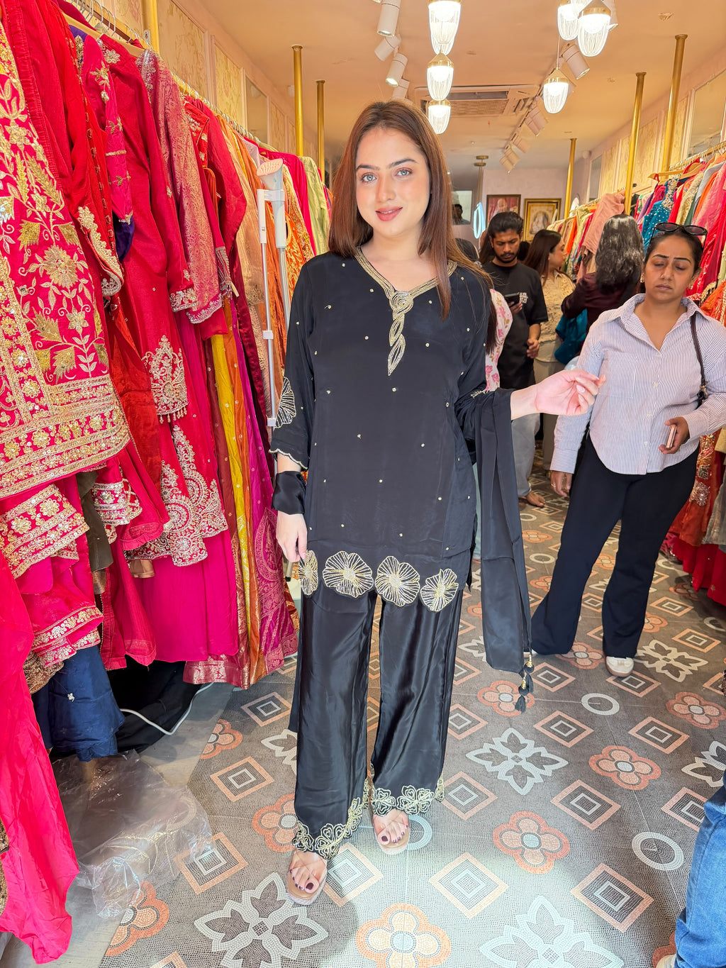 Elegant Black Charcoal Embroidered Straight-Cut Suit Set