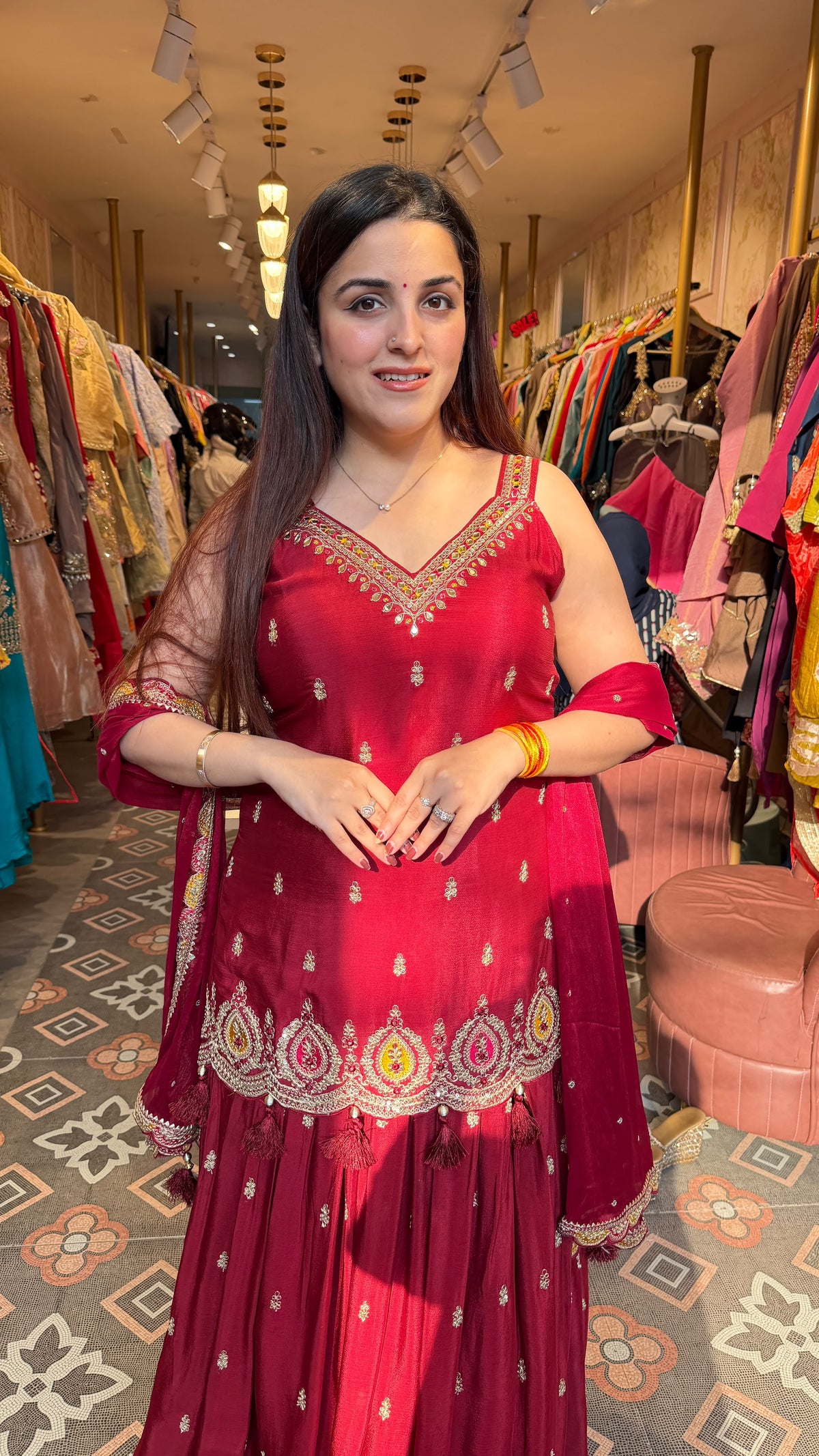 Red Embroidered Peplum Sharara Set / Short Kurta Sharara Set