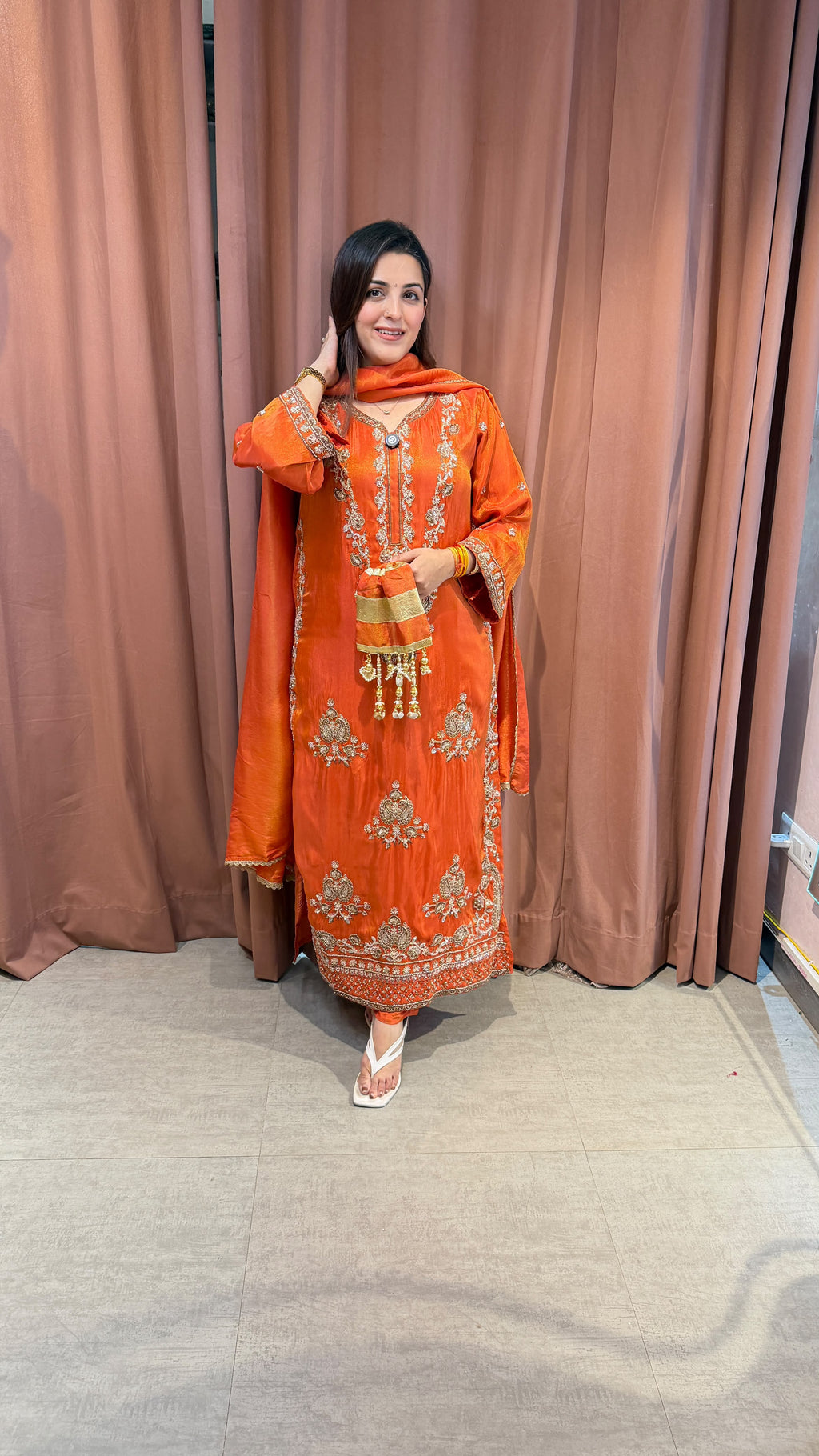 Orange Straight-Cut Embroidered Kurta Set with Dupatta