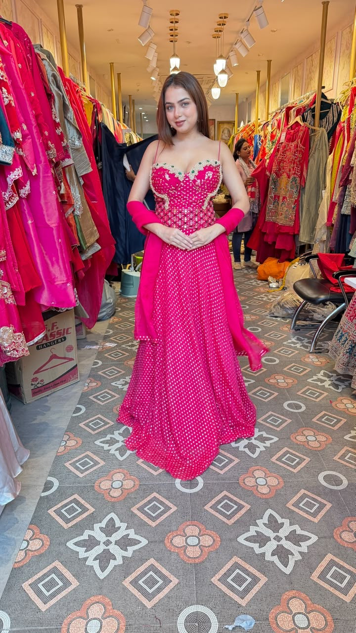 Hot Pink Polka Dot Indo-Western Embellished Gown