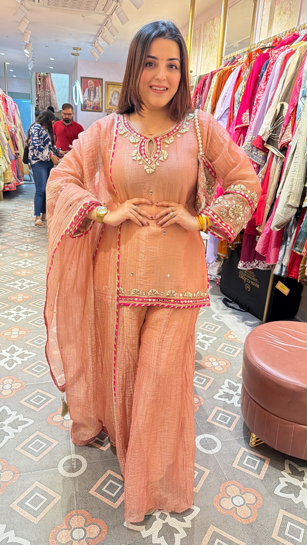 Peach Chanderi-Style Kurta Palazzo Set with Statement Embroidered Cuffs