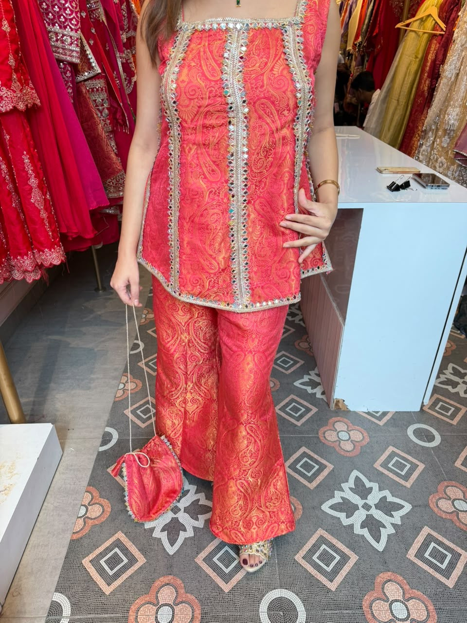 Coral Brocade Peplum Top with Flared Palazzo Set