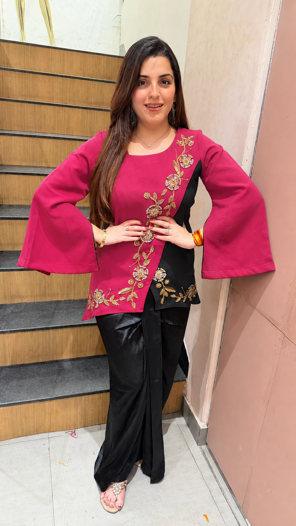 Black Embroidered Peplum Co-ord Set
