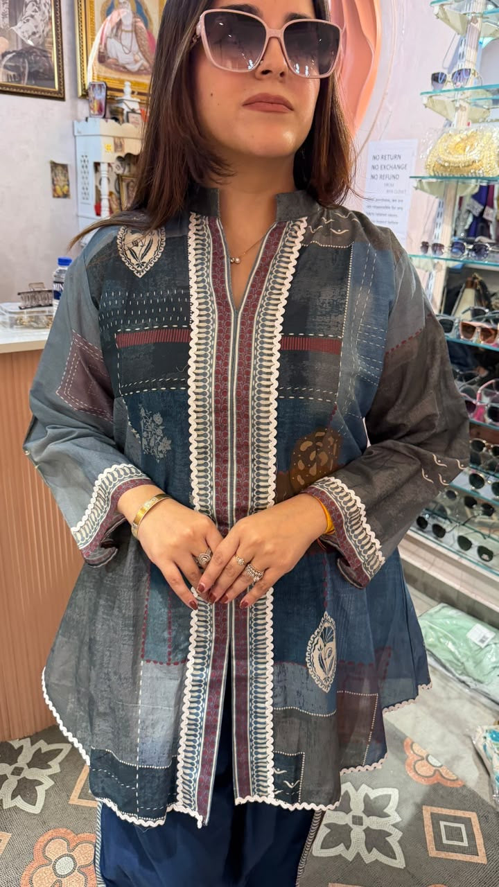 Charcoal Grey Printed Short Kurta with Navy Pants Set