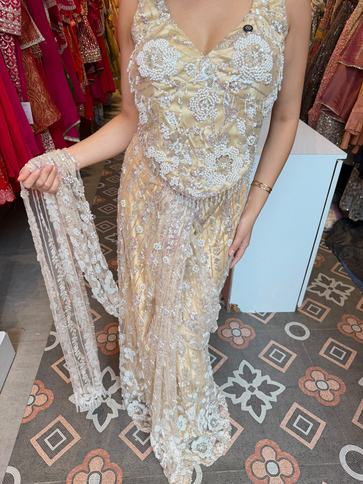 Luxury Champagne Gold Embellished Mermaid Gown with Sheer Dupatta