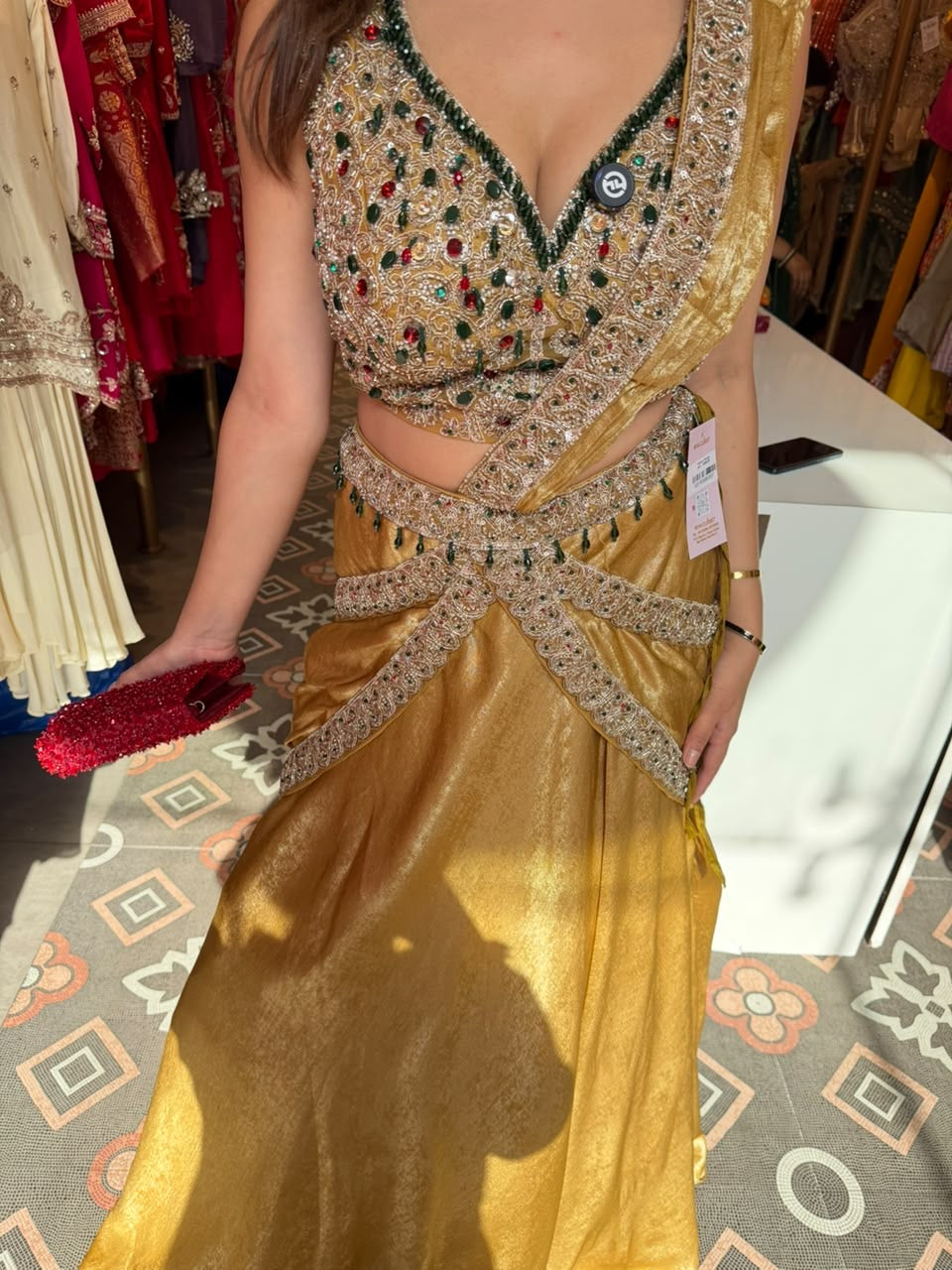 Designer Golden Lehenga with Embellished Crop Blouse and Draped Dupatta