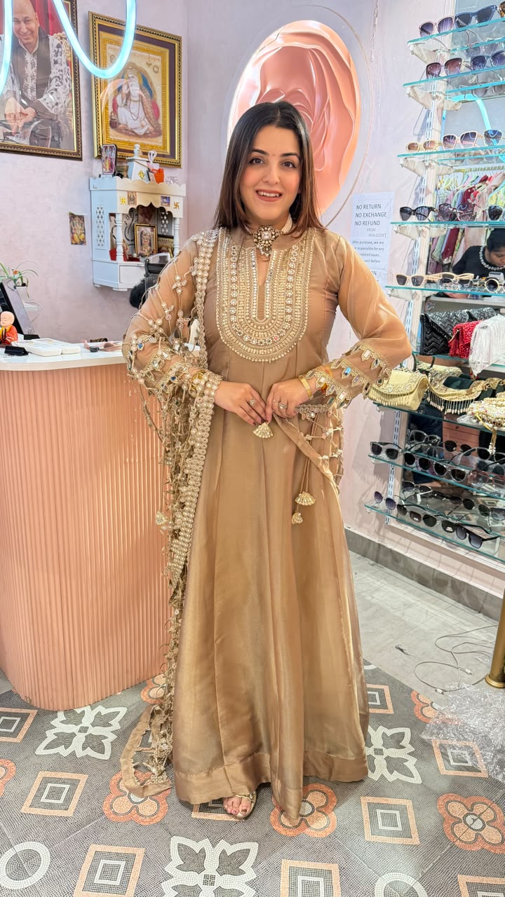 Champagne Gold Anarkali Gown with Heavy Pearl & Mirror Embroidery