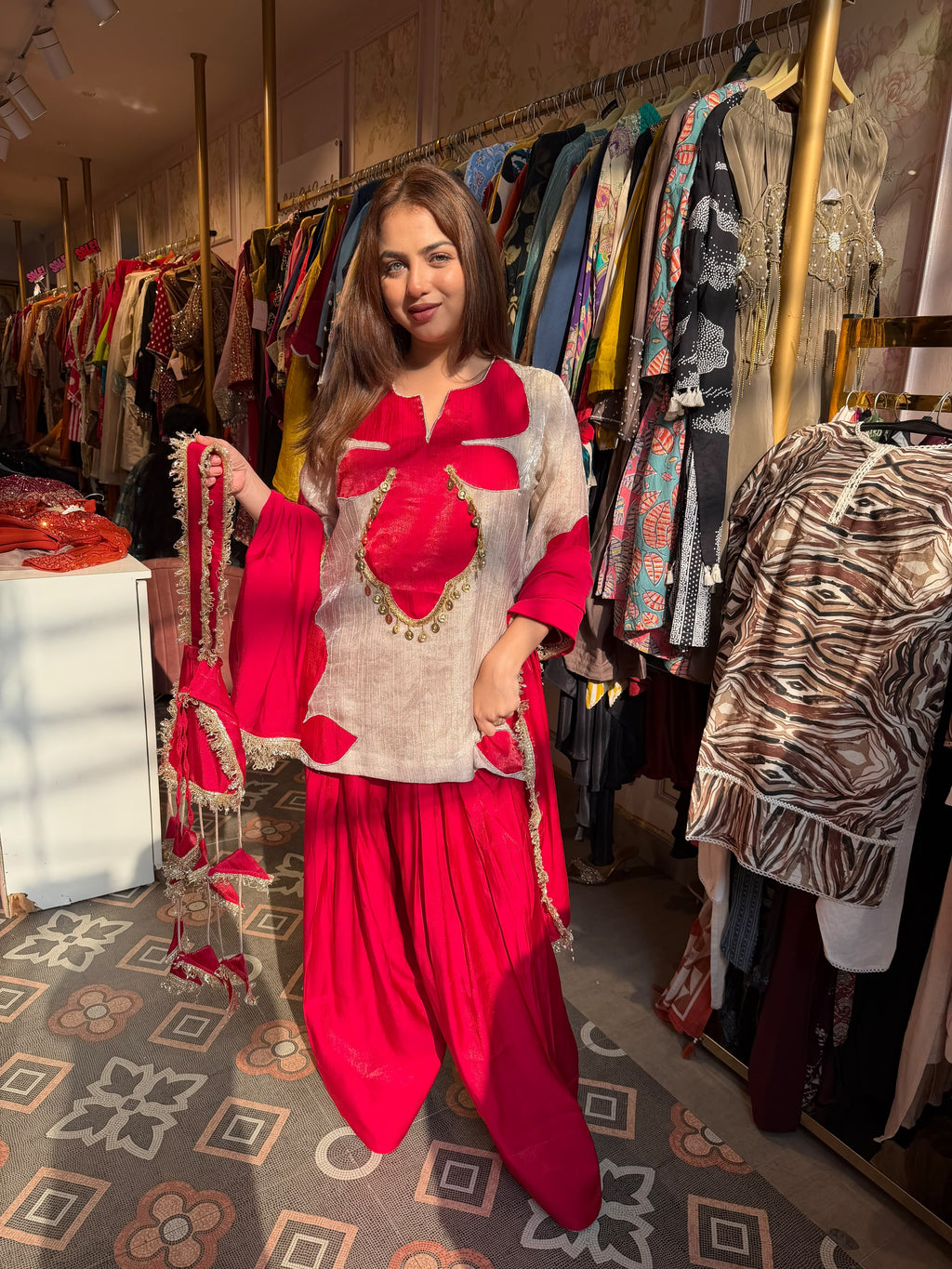 Fuchsia Peplum Kurta with Gharara & Dupatta Set
