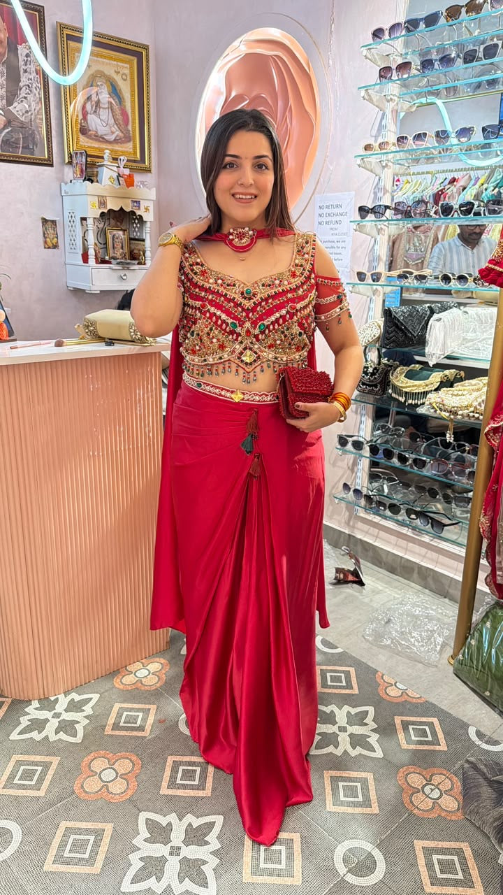 Red Embellished Cold-Shoulder Crop Top with Draped Palazzo Pants