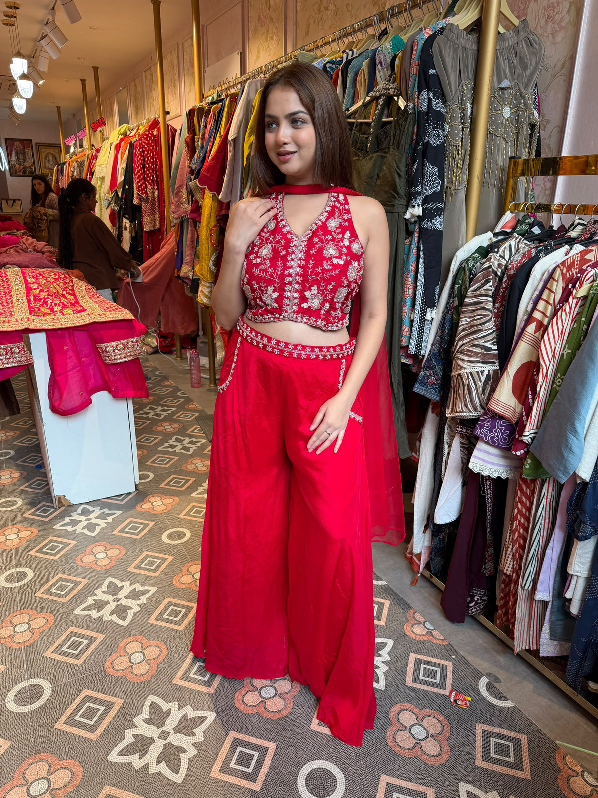 Hot Pink Embroidered Halter-Neck Crop Top & Palazzo Set with Dupatta