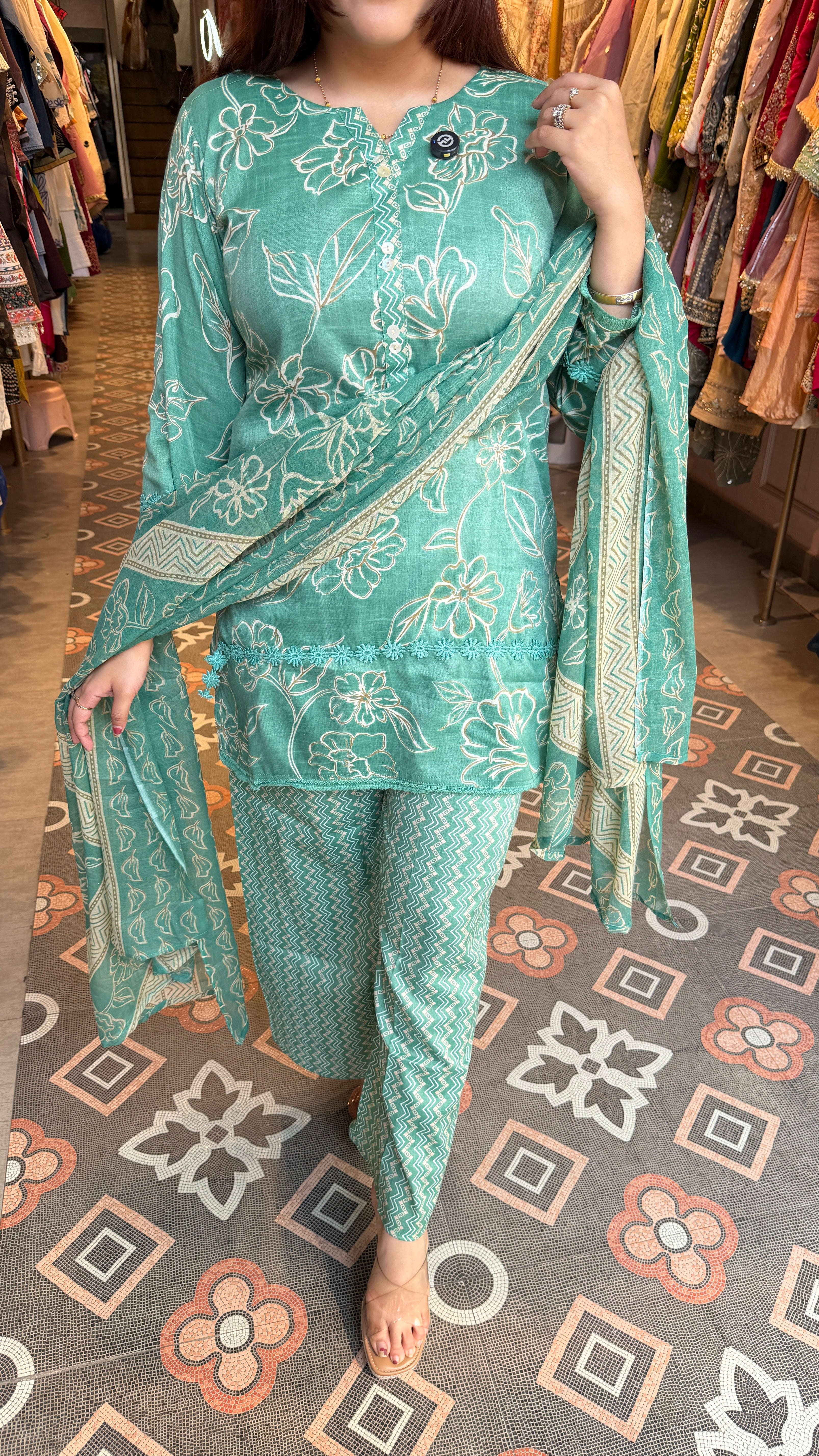 Sea Green Floral Printed Suit Set with Dupatta
