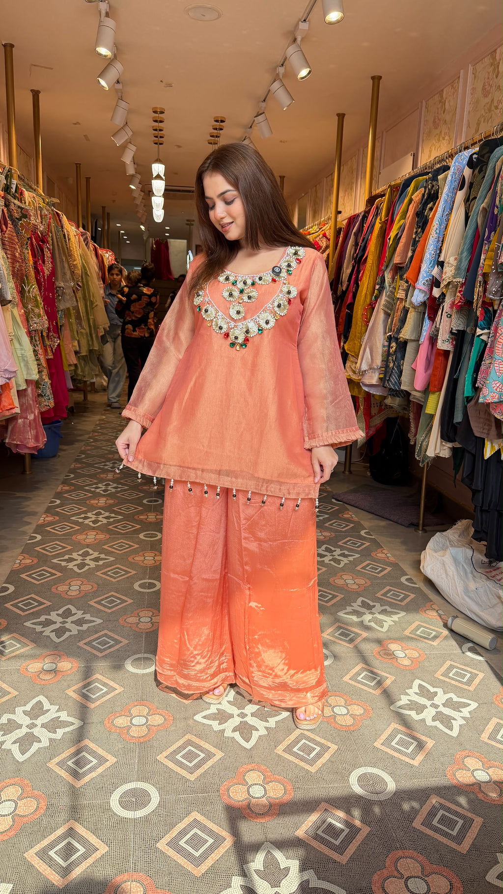 Silk Blend Peplum Kurta with Palazzo Pants Set