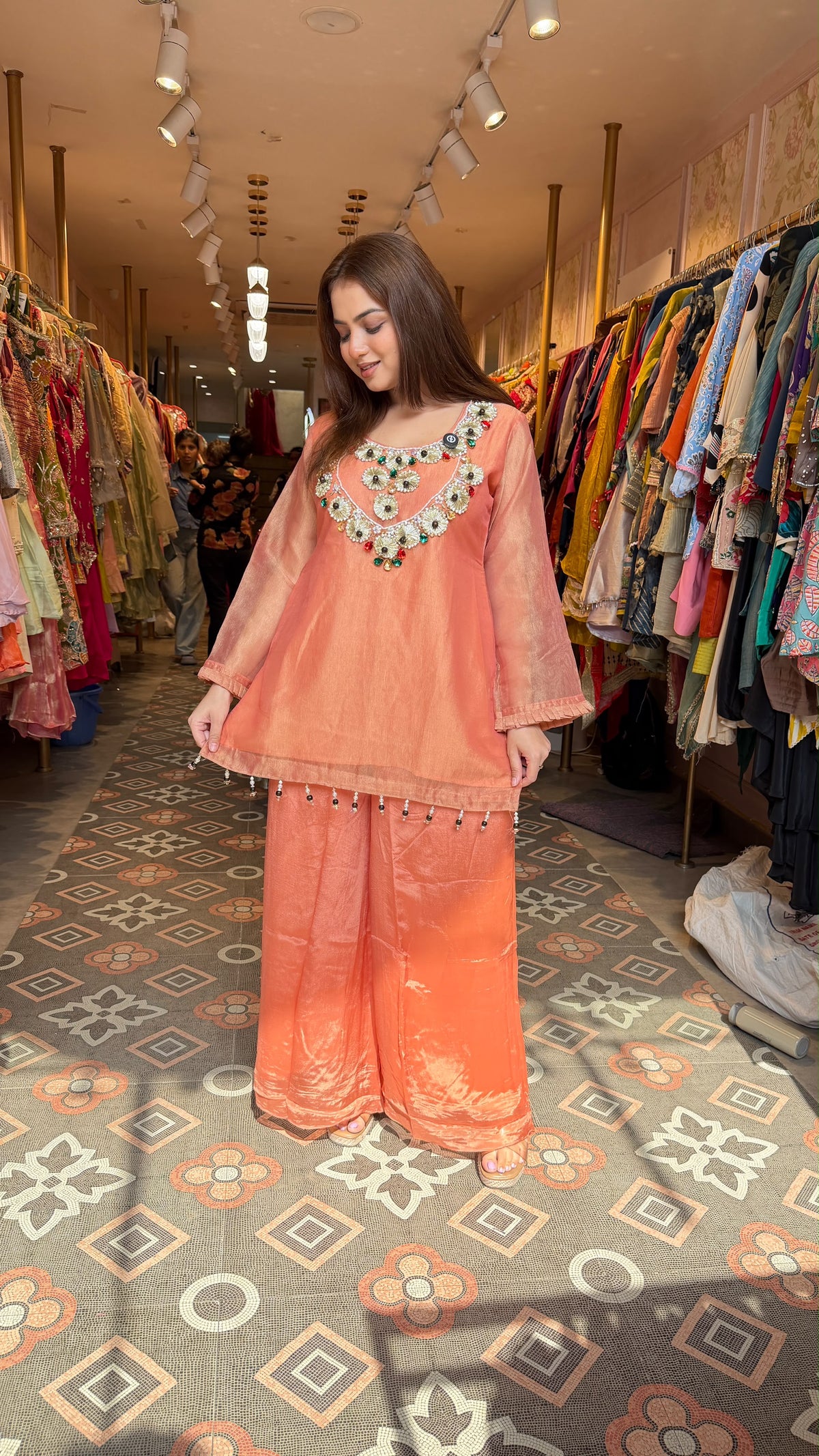 Silk Blend Peplum Kurta with Palazzo Pants Set