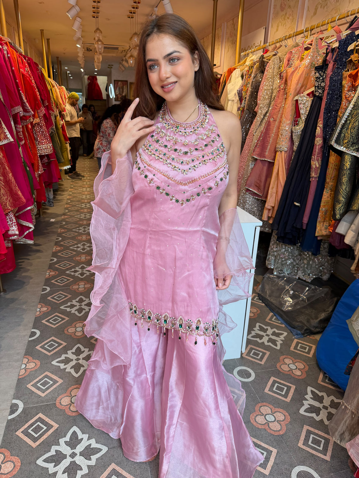 Embellished Halter-Neck Peplum Sharara Set