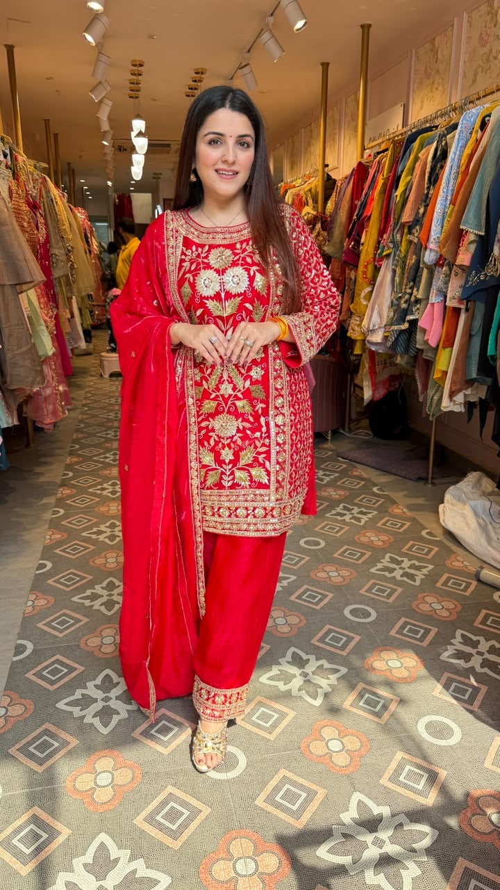 Fuchsia Embroidered Straight Kurta with Palazzo Pants & Dupatta