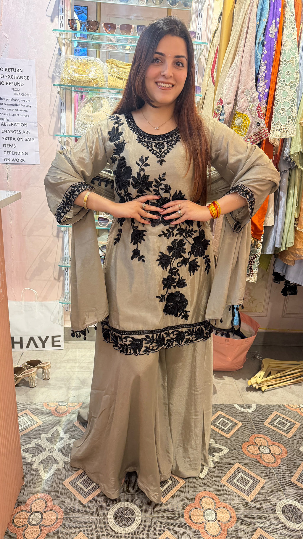 Classic black Embroidered Short Kurta with Palazzo Set