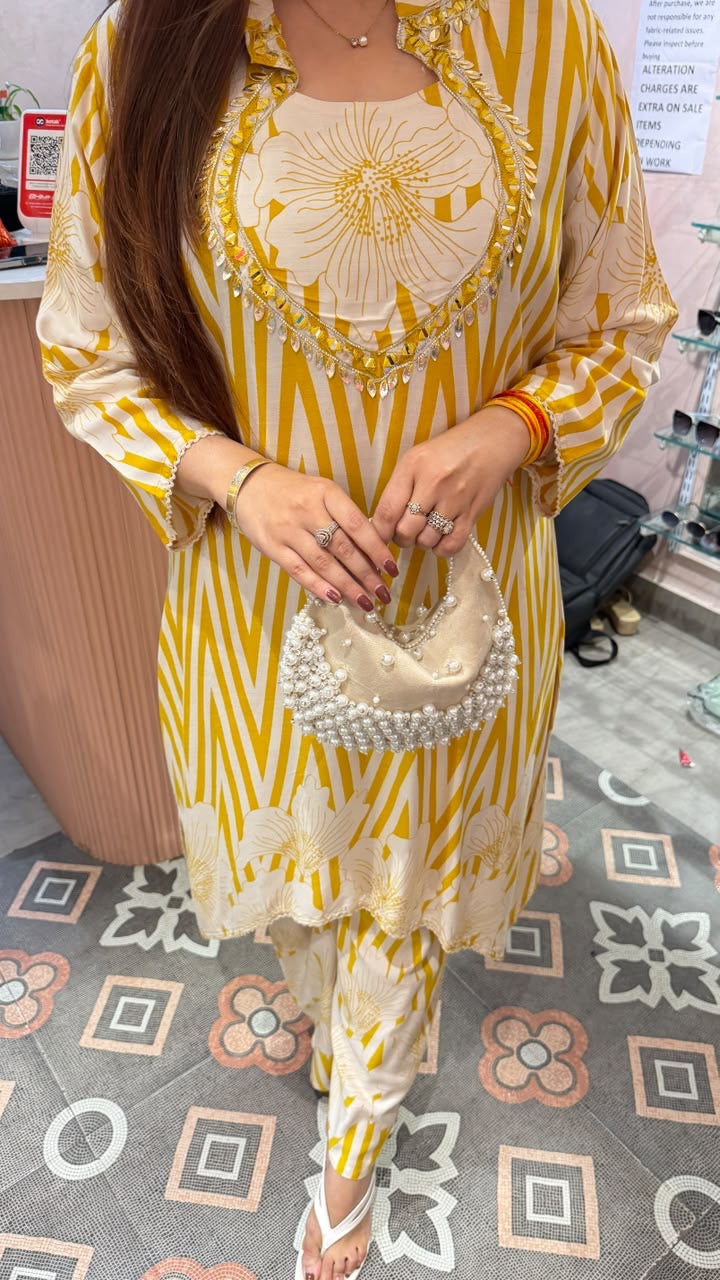 Mustard Yellow Printed Straight Kurta Set with Cigarette Pants
