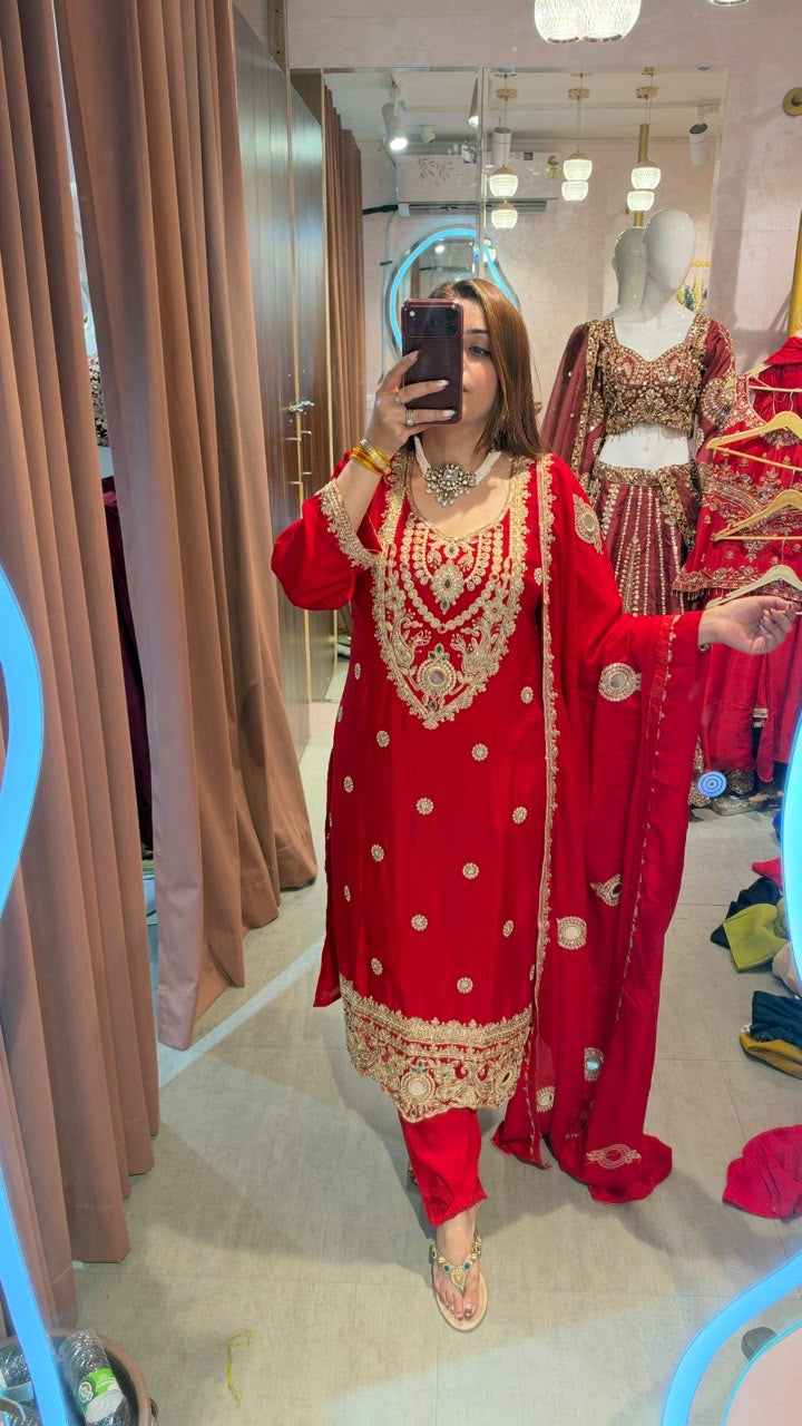 Regal Red Embroidered Straight-Cut Suit