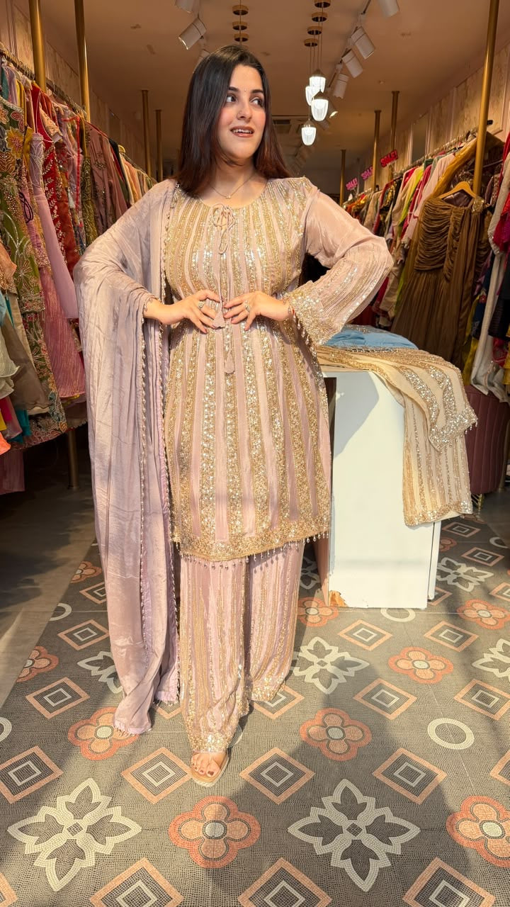 Embroidered Sequin-Striped Kurta Pant Set
