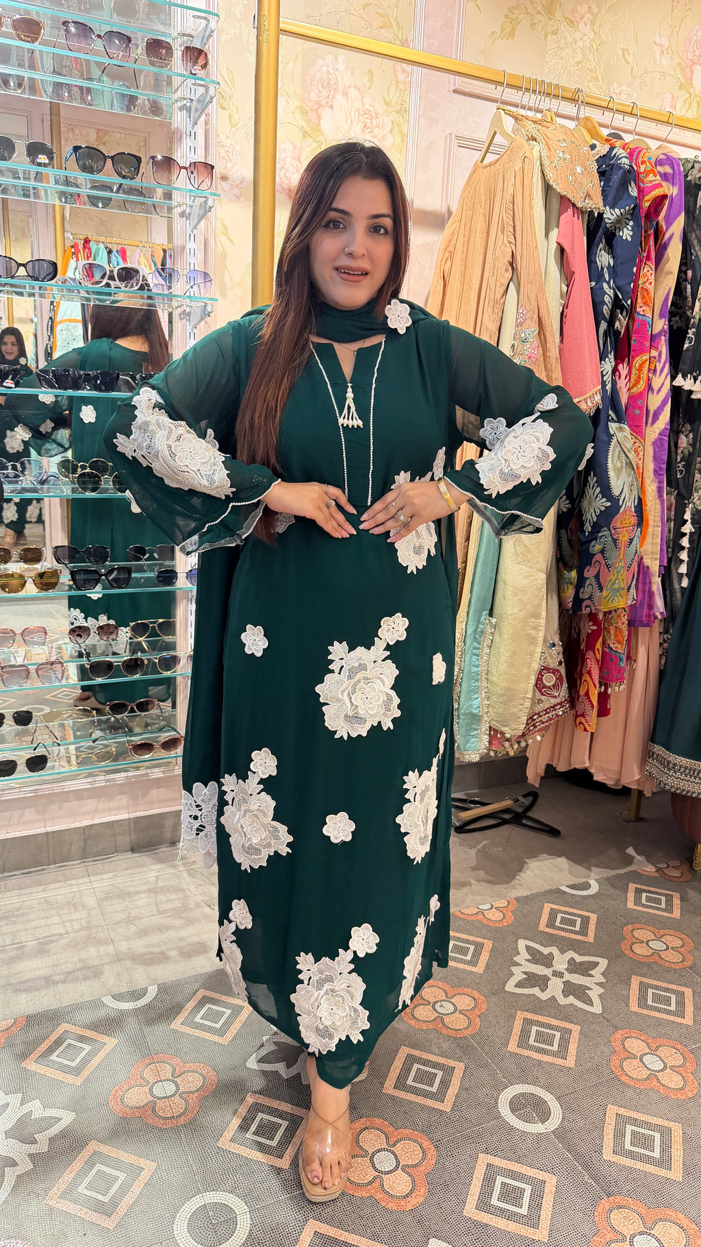 Emerald Green Floral Appliqué Kurta Set with Dupatta