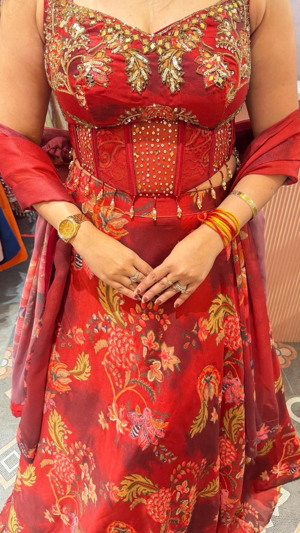 Cherry Red Floral Printed Indo-Western Anarkali Gown