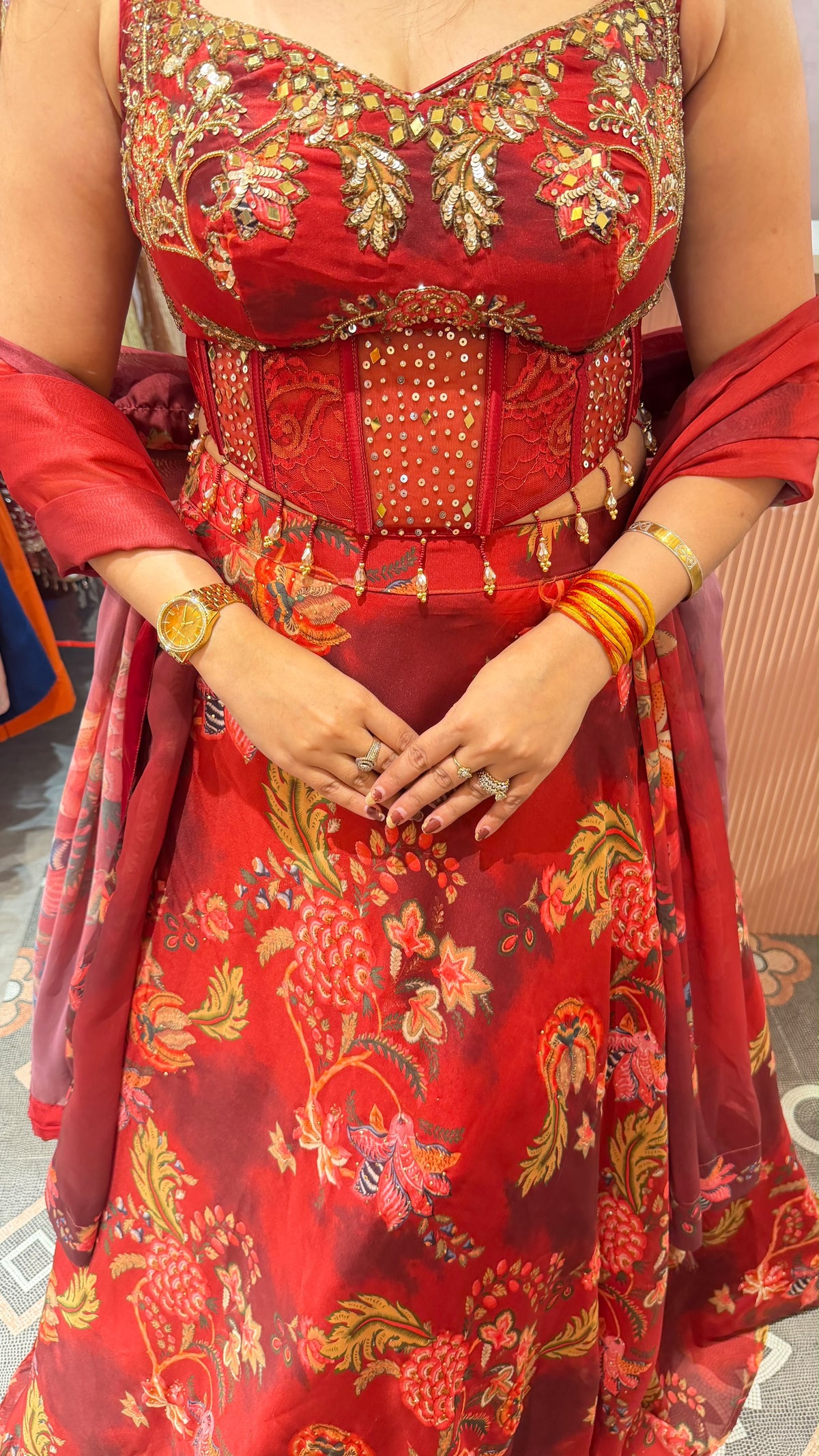 Cherry Red Floral Printed Indo-Western Anarkali Gown