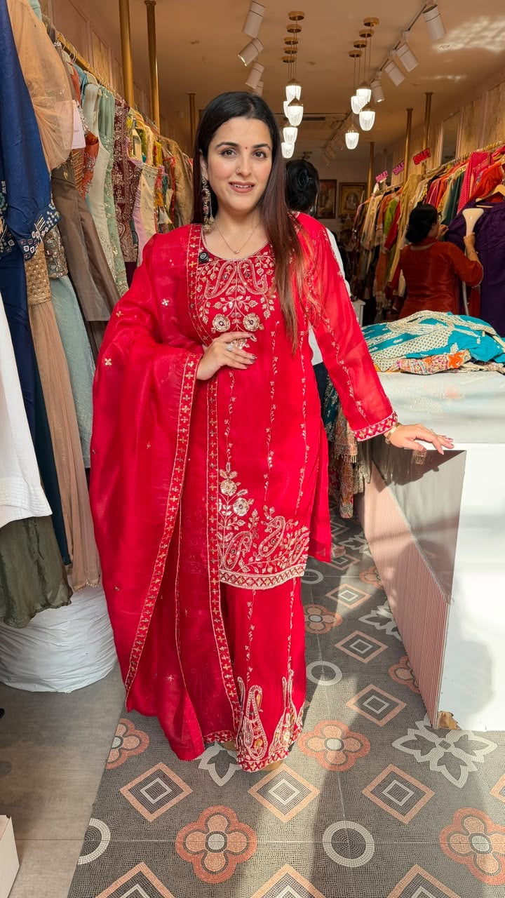Red Embroidered Straight-Cut Kurta Palazzo Suit