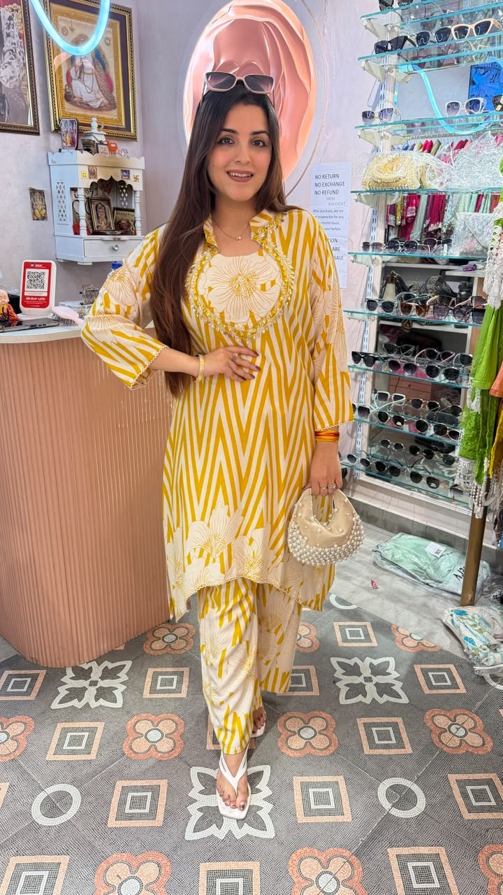 Mustard Yellow Printed Straight Kurta Set with Cigarette Pants