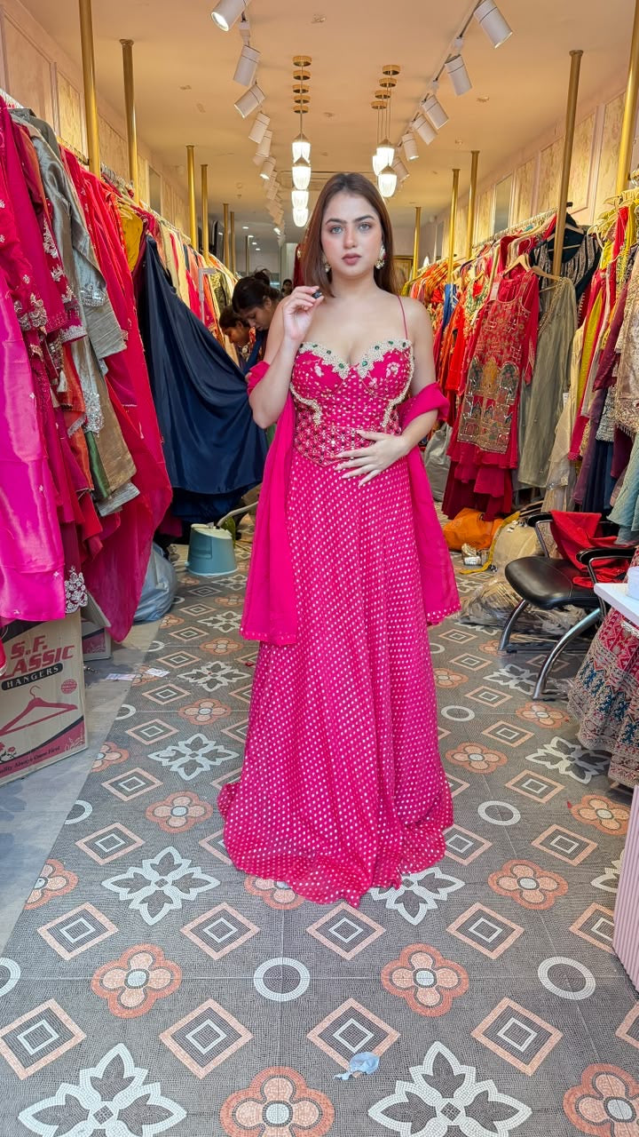 Hot Pink Polka Dot Indo-Western Embellished Gown