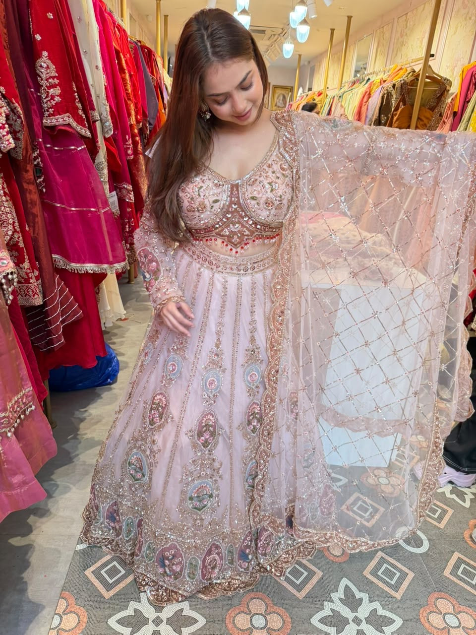 Dusty Rose with Multicolour Floral Accents  Embroidered Lehengap
