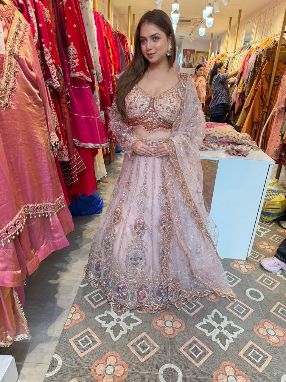 Dusty Rose with Multicolour Floral Accents  Embroidered Lehengap