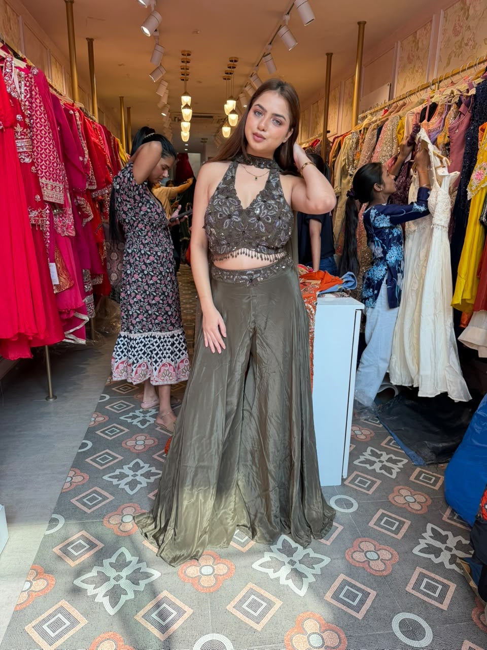 Olive Grey Metallic Lehenga Set