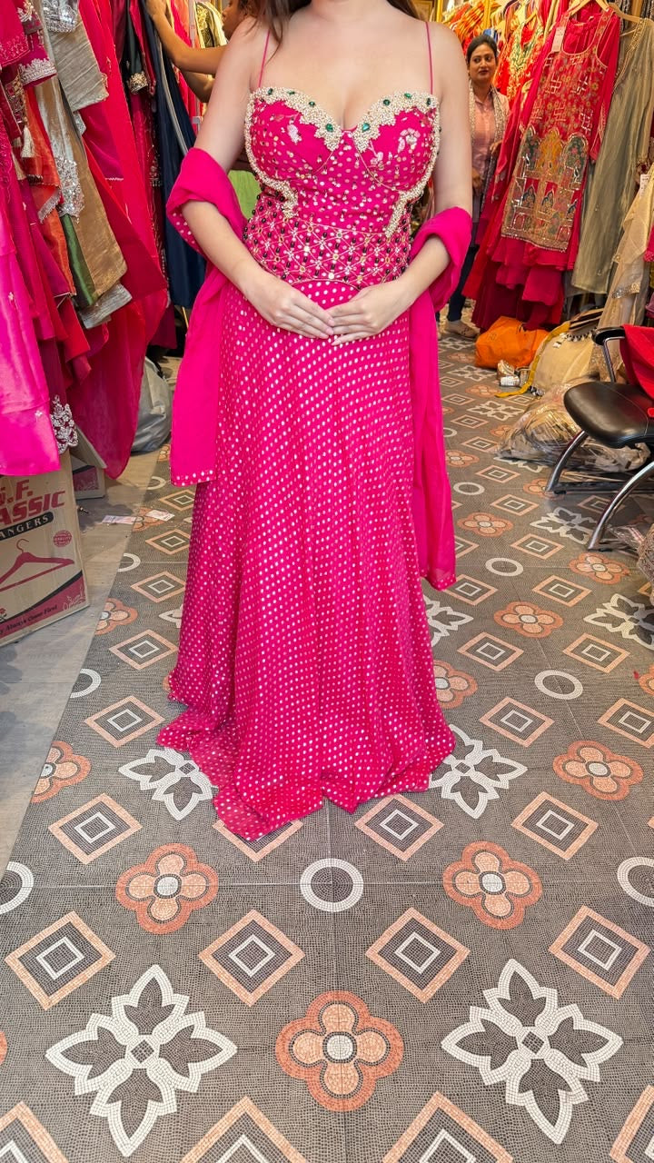 Hot Pink Polka Dot Indo-Western Embellished Gown