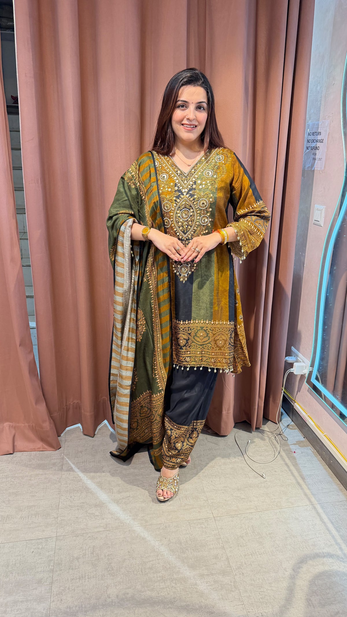 Olive Green & Mustard Pakistani-Style Embroidered 3-Piece Suit