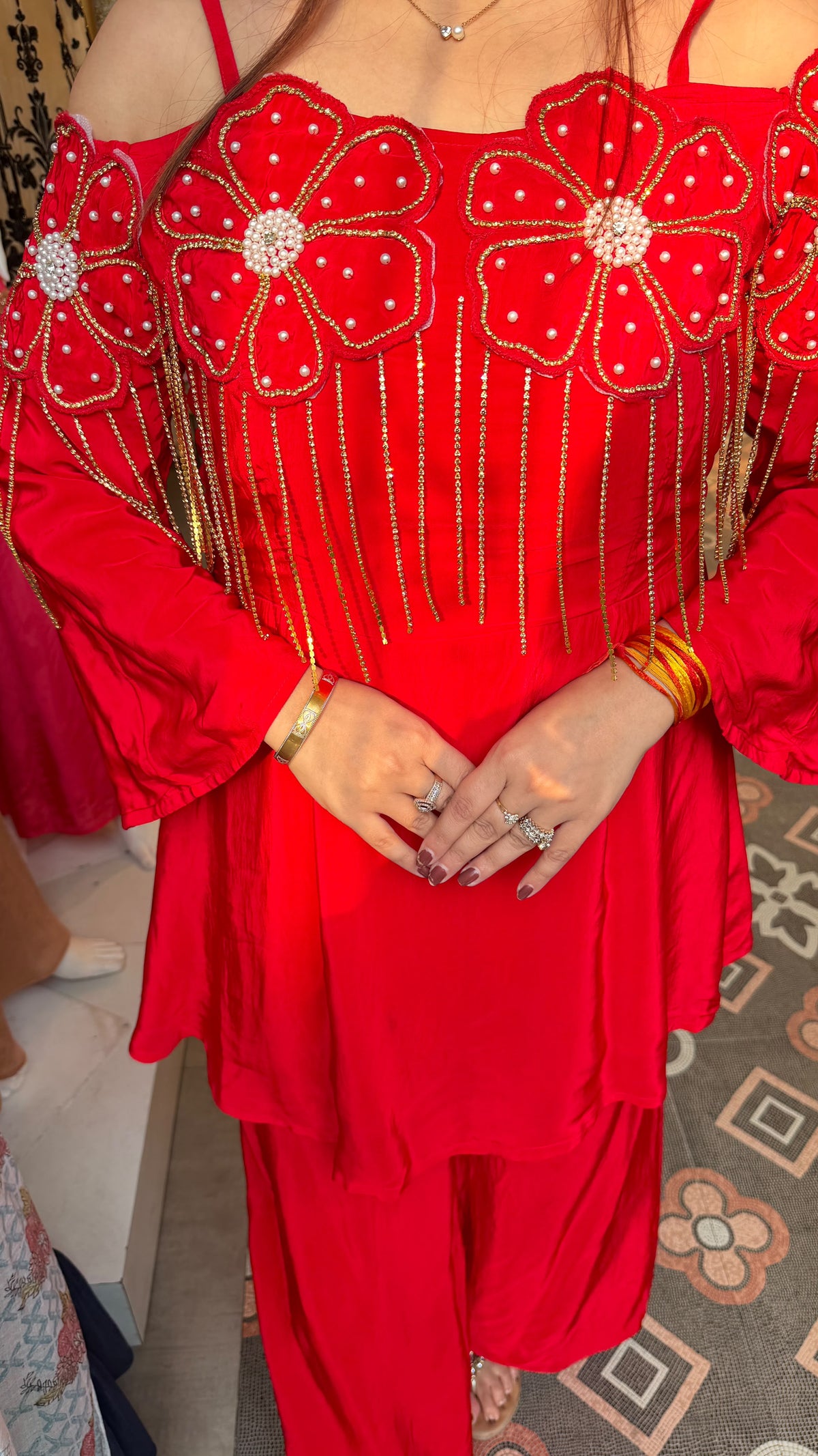 Off-Shoulder Embellished Peplum Sharara Set