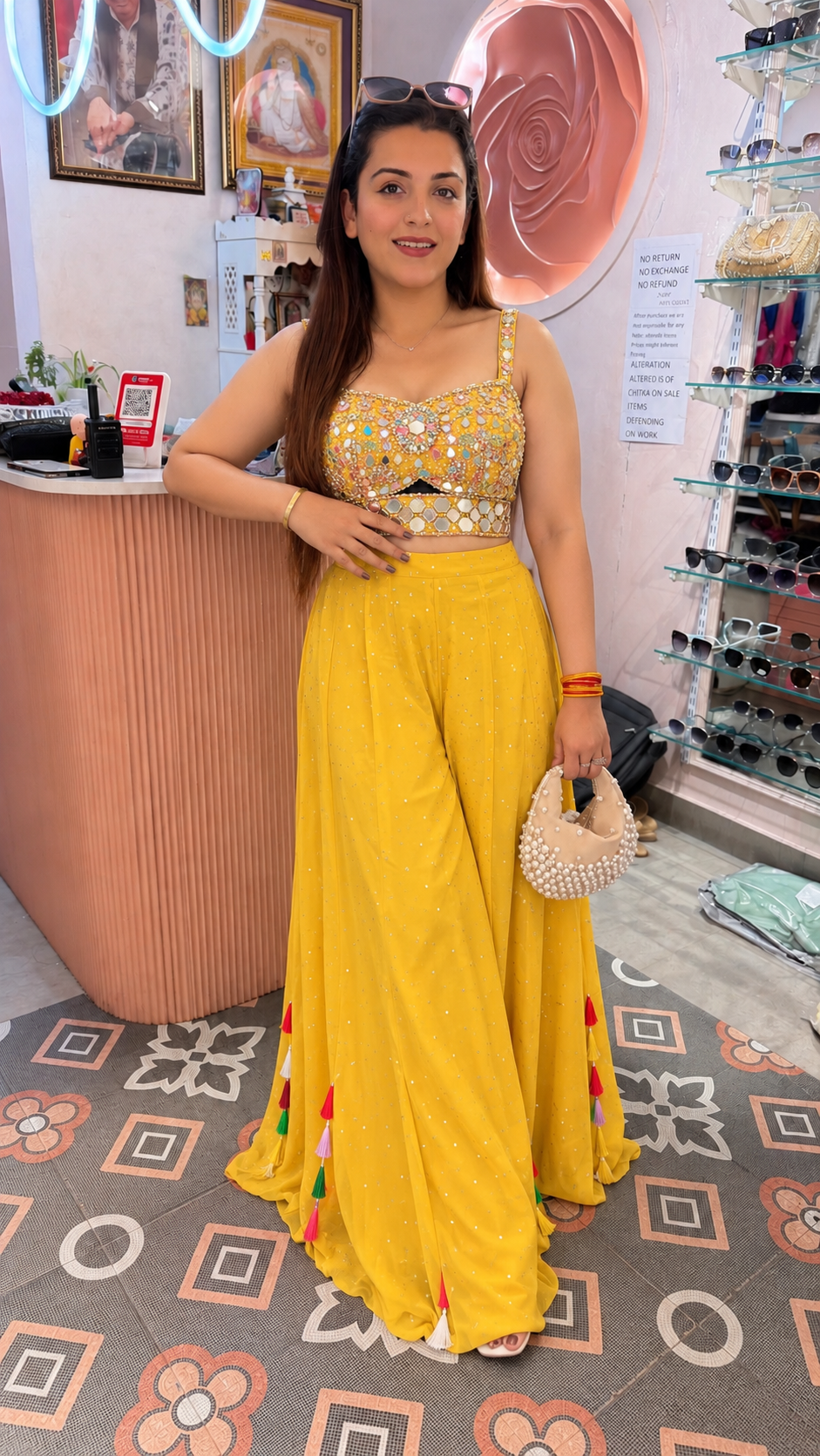 Yellow Mirror-Work Crop Top & Palazzo Sharara Set
