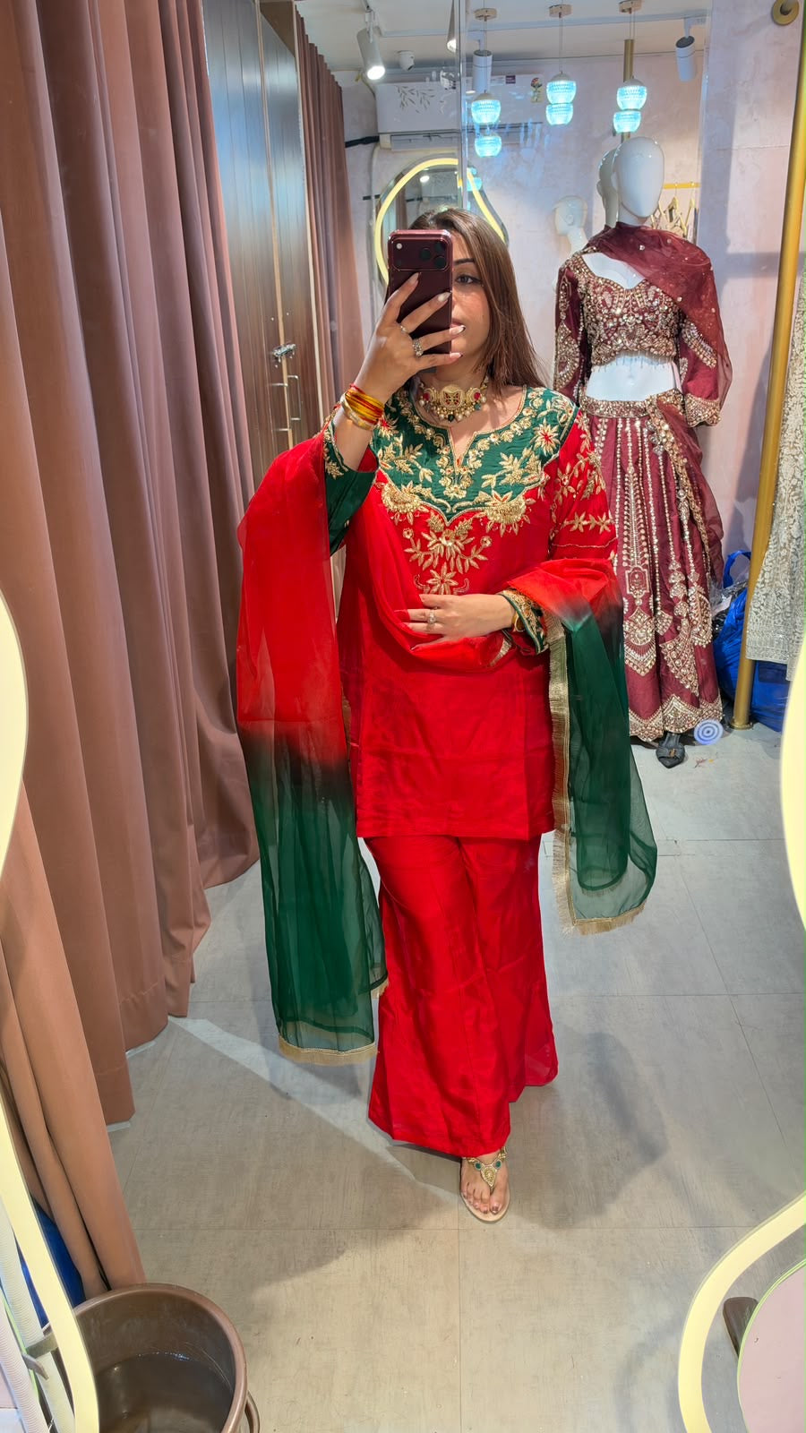Red and Bottle Green Embroidered Punjabi Suit with Contrast Dupatta