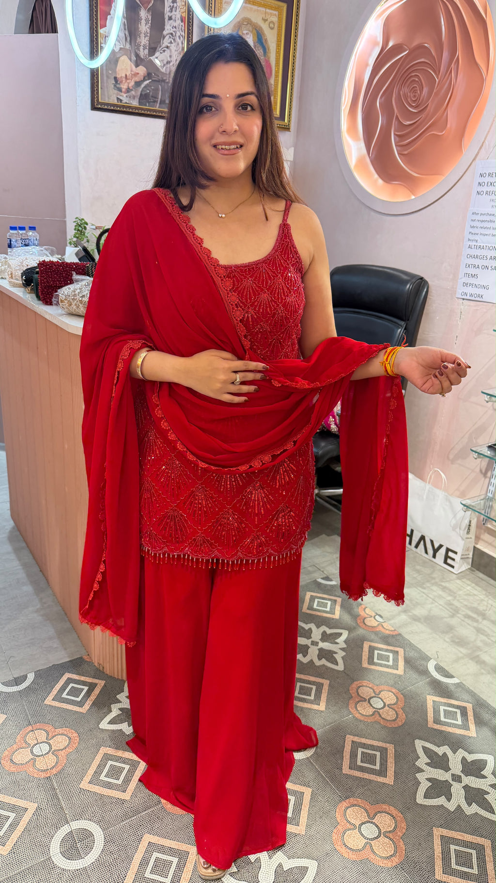 Red Embroidered Kurta Palazzo Set with Matching Dupatta