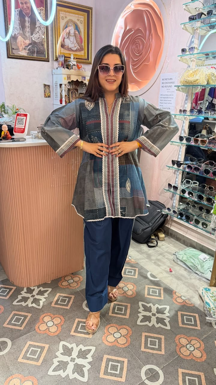 Charcoal Grey Printed Short Kurta with Navy Pants Set