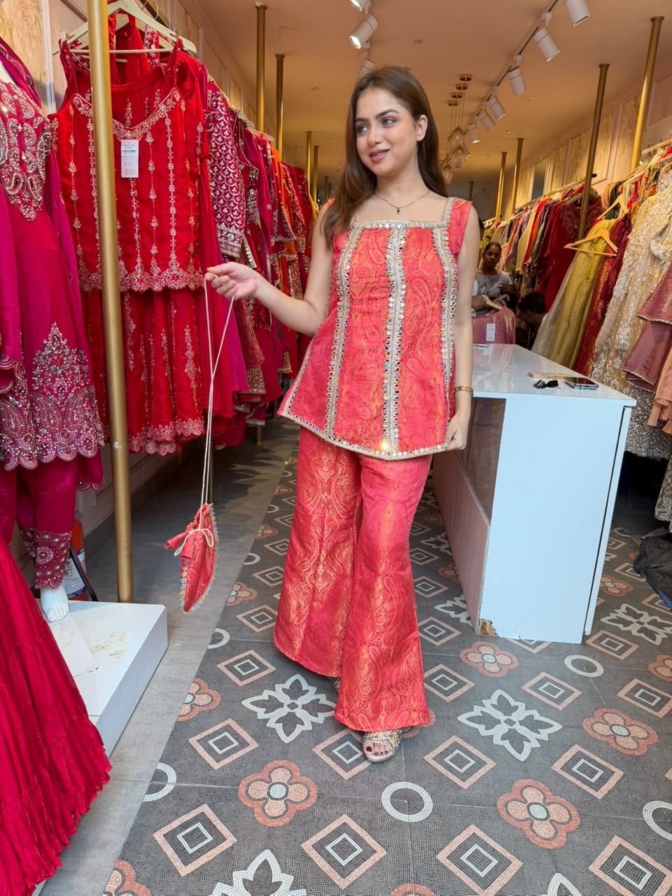 Coral Brocade Peplum Top with Flared Palazzo Set