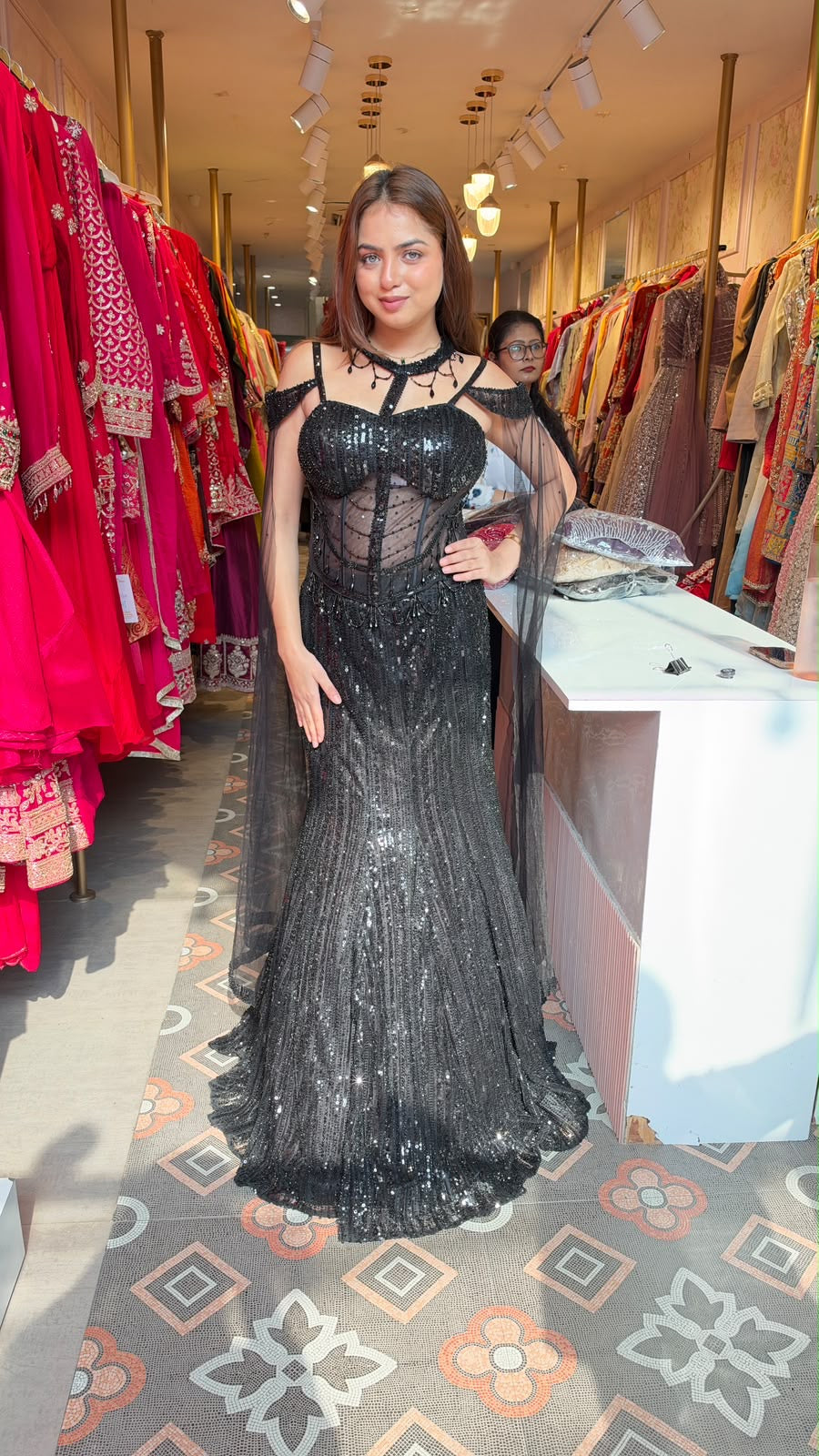 Sequin Glamour Gown with Sheer Corset Bodice