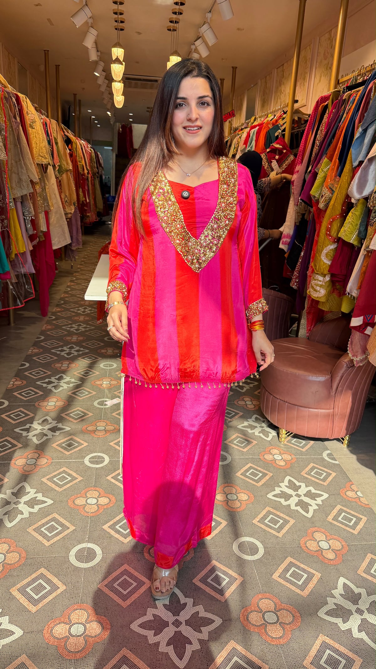 Hot Pink Silk Straight Punjabi/Fusion Suit