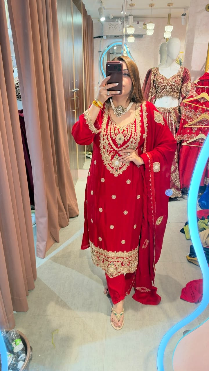 Regal Red Embroidered Straight-Cut Suit