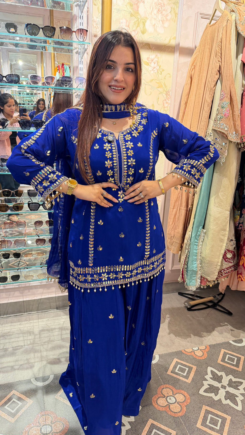 Royal Blue Embroidered Sharara Suit Set with Dupatta