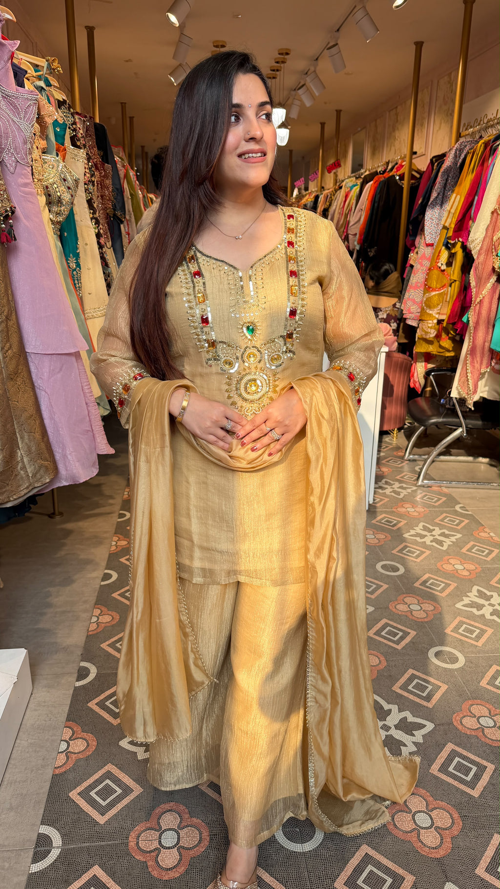 Champagne Gold Embroidered Straight-Cut Suit Set