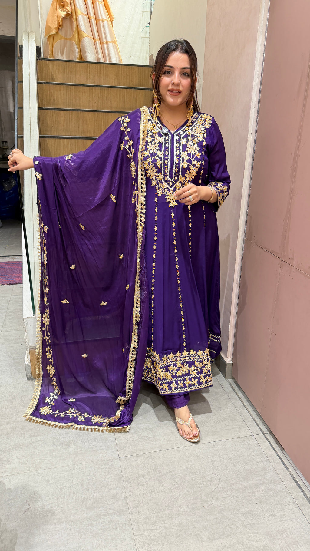 Royal Purple Gota Patti Embroidered Anarkali Suit Set with Dupatta