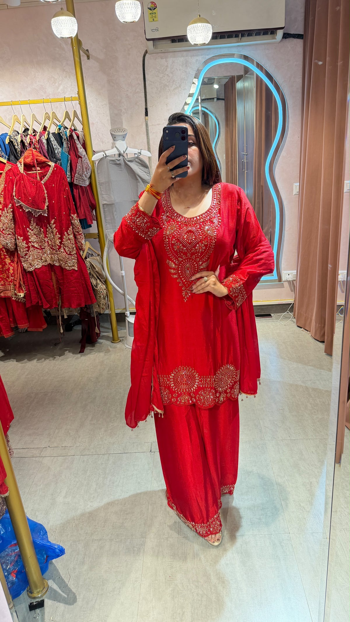 Red Embroidered Straight Kurta with Palazzo Pants & Dupatta