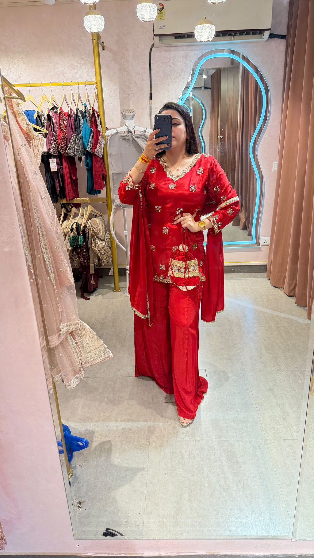 Red Embroidered Straight Kurta with Palazzo Pants & Dupatta Set