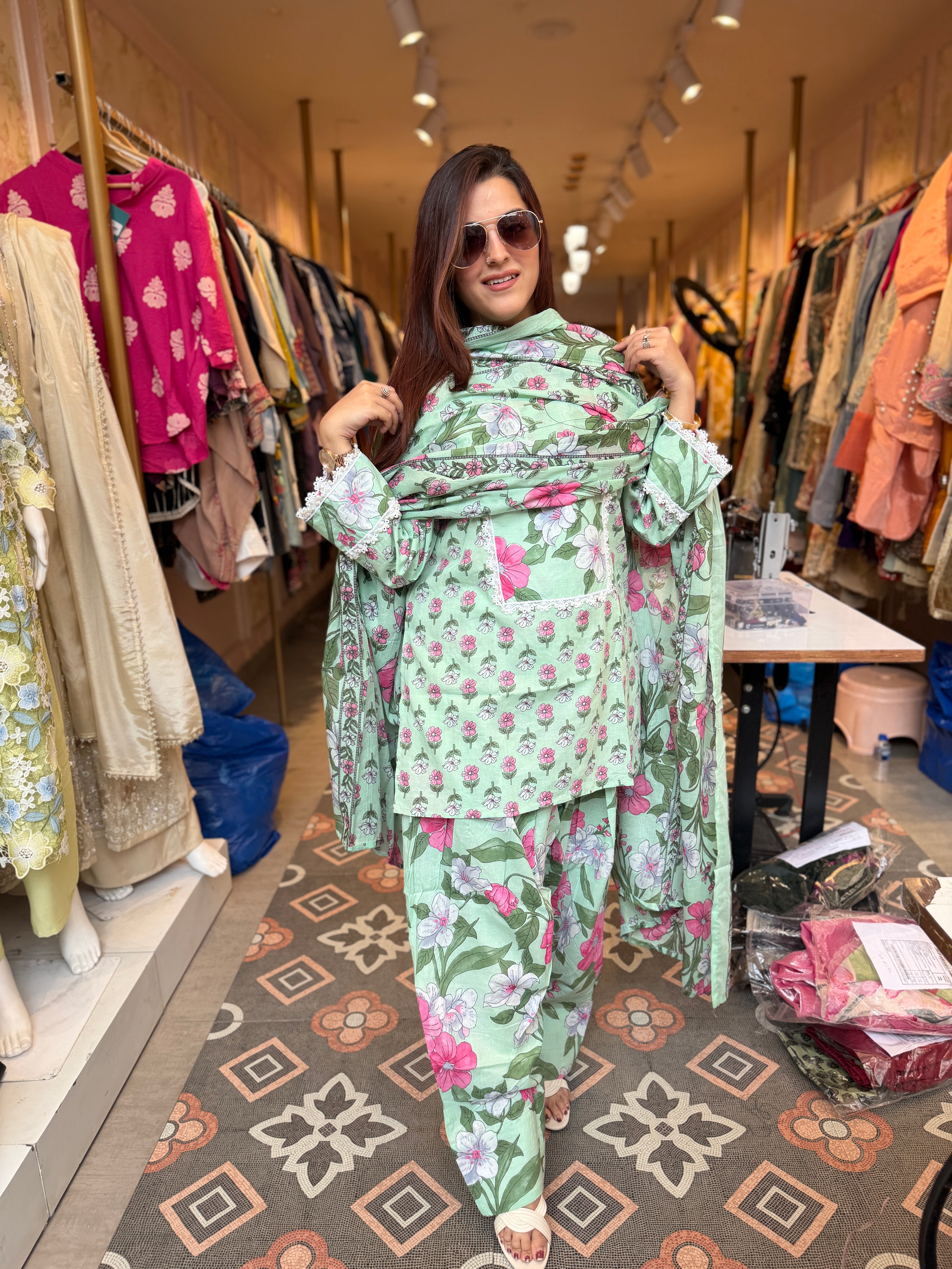 Mint Blossom Printed Lawn Suit with Chiffon Dupatta