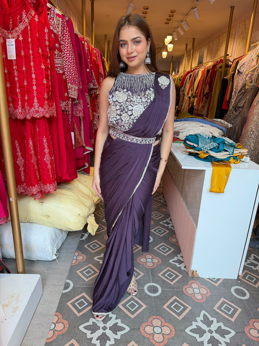 Royal  Pre-Draped Saree with Silver Embroidered Blouse